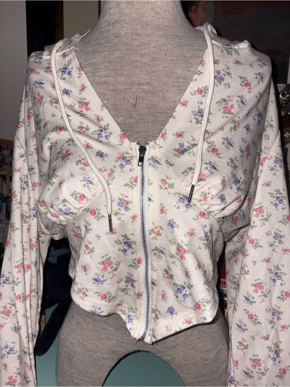 Floral Zip-Front Cropped Bodice Hoodie